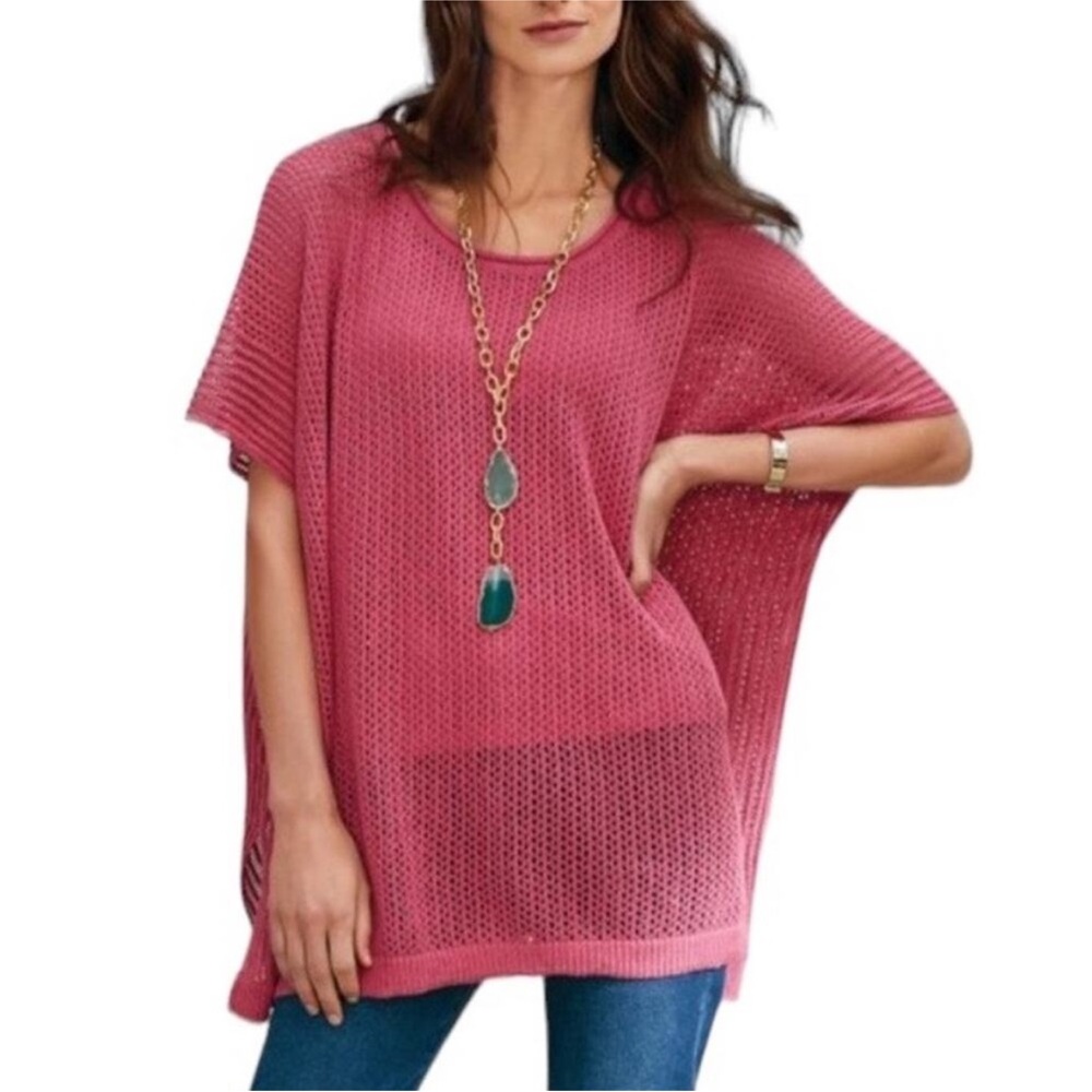 Soft Surroundings Linen Blend Loose Knit Top Poncho Tunic Coastal Medium Petite
